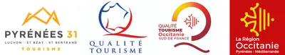 Logos des partenaires de l’Hôtel La Rencluse : Pyrénées 31 Tourisme, Qualité Tourisme, Occitanie