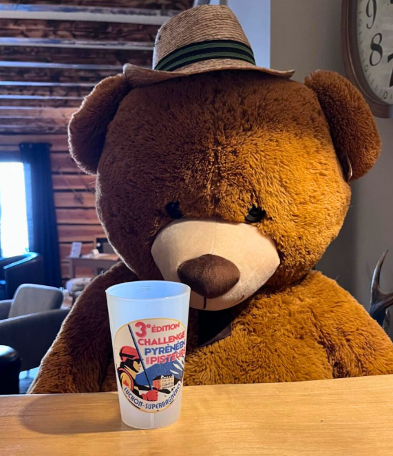 Nounours mascotte barman avec lunettes, servant au bar cozy de l'Hôtel La Rencluse à Luchon, pour un moment de convivialité.