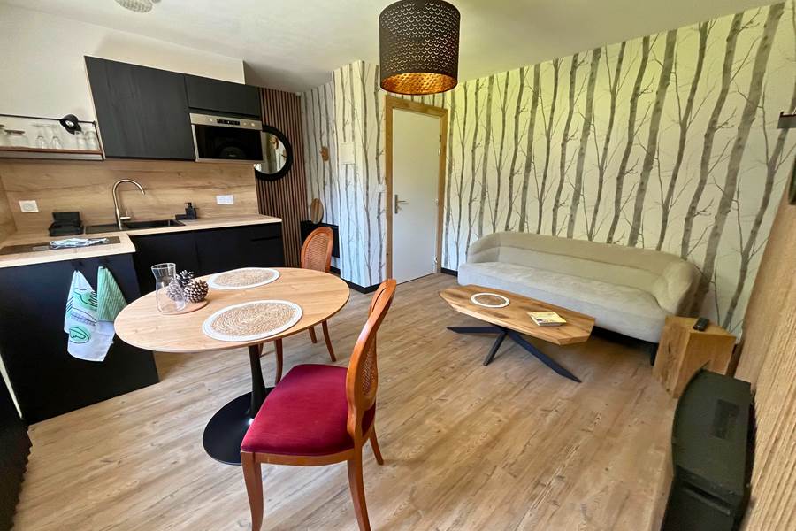 Cuisine design de l'appartement T2 avec mobilier en bois clair, évier noir et équipements modernes.