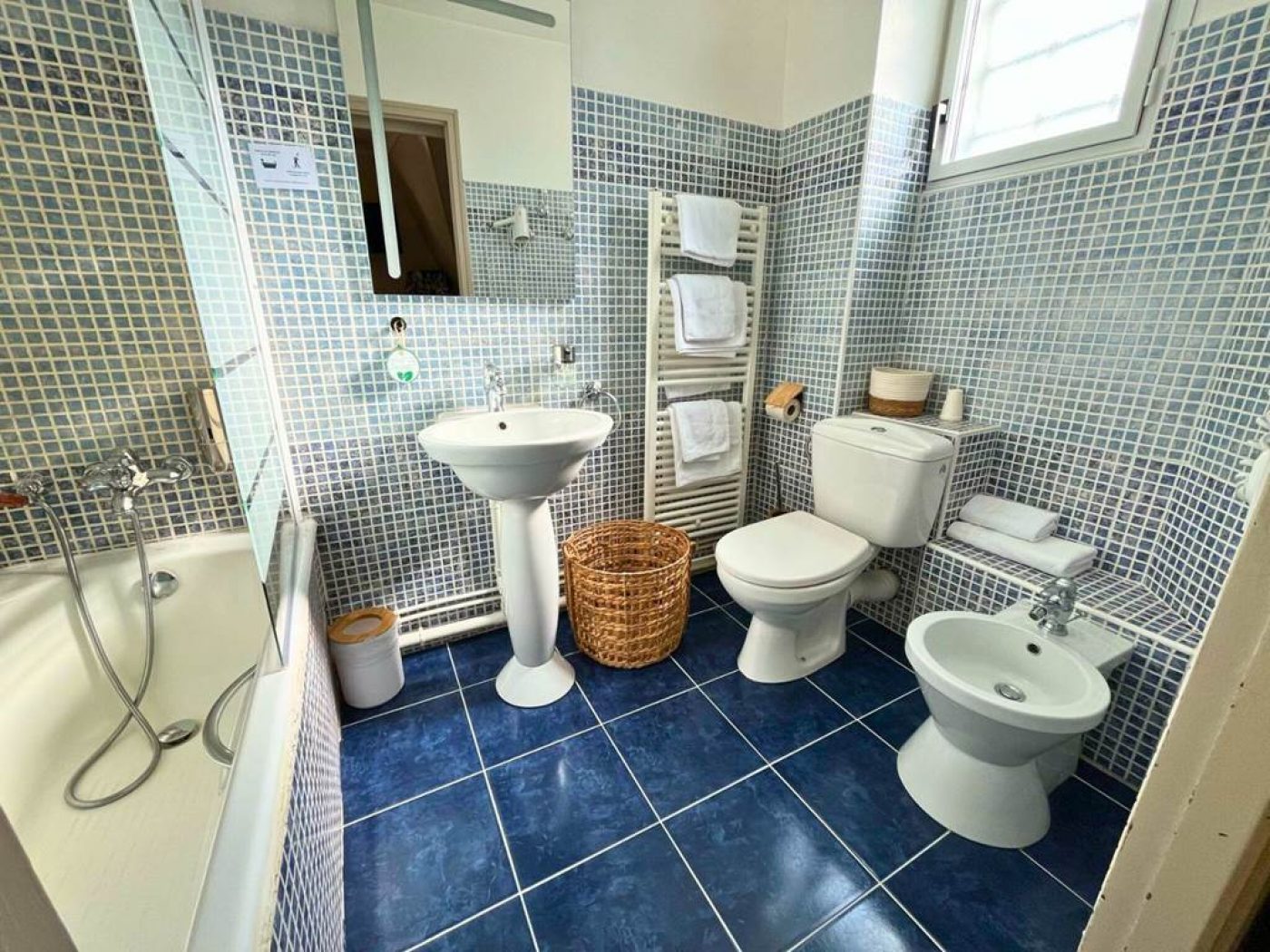 Salle de bain privative bleue avec baignoire, bidet et douchette géothermale apaisante.
