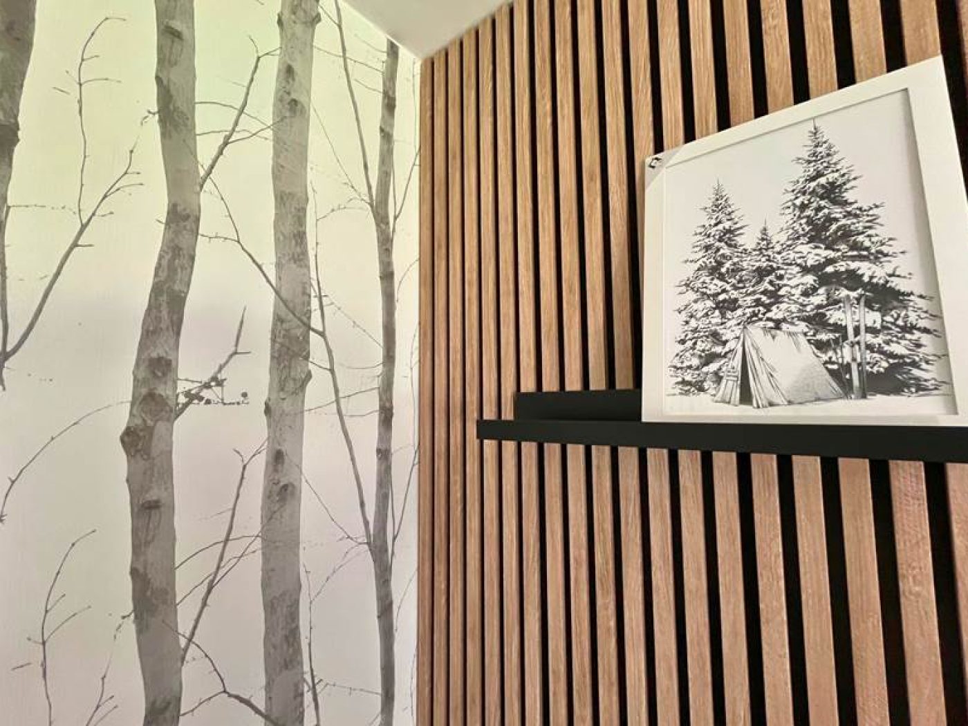 Affiche vintage de skieur pyrénéen encadrée sur un mur en bois dans l'appartement T2.