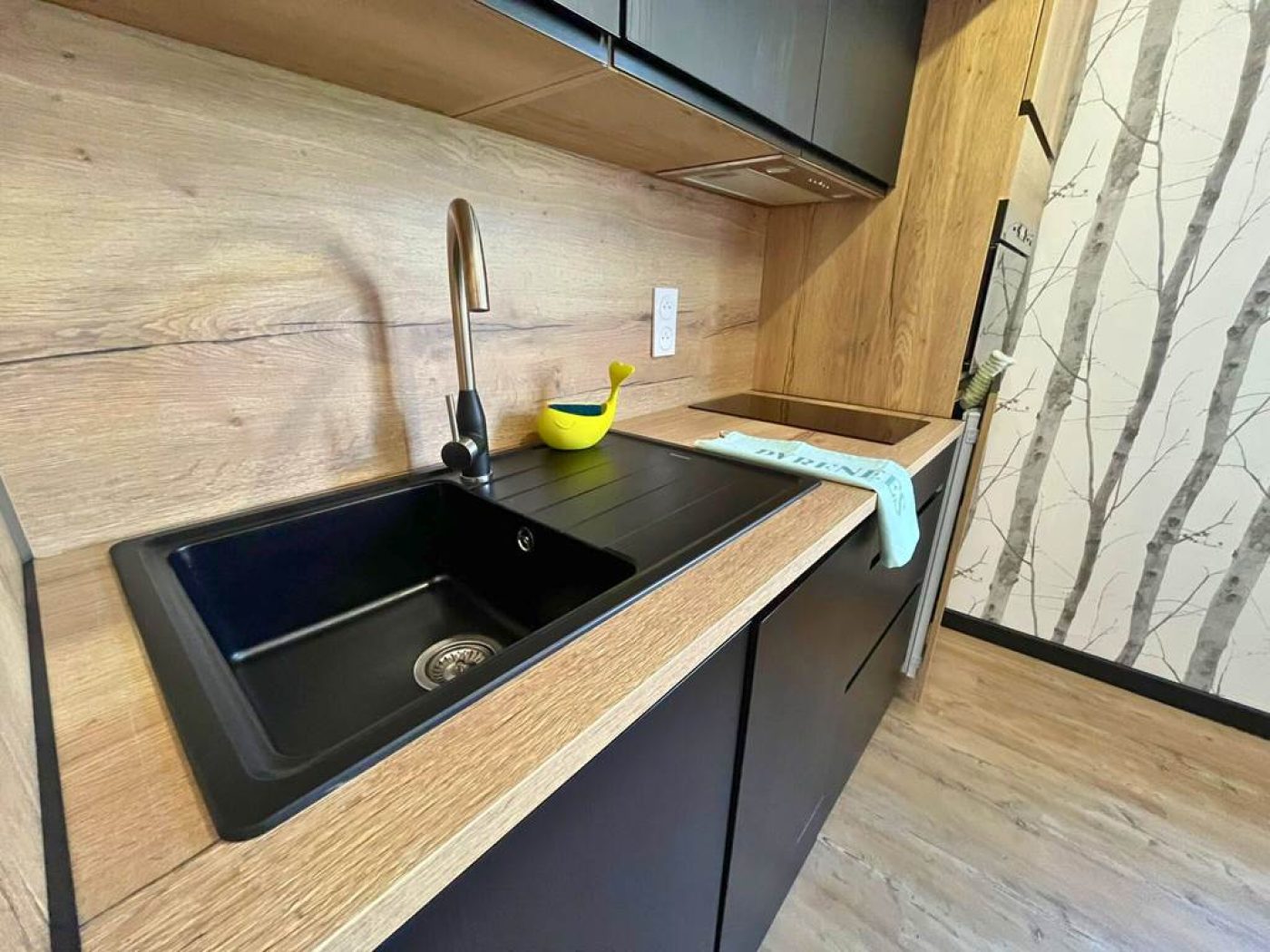 Détail de la kitchenette de l'appartement T3 avec plaques à induction, bouilloire et plateau de courtoisie thé et café.