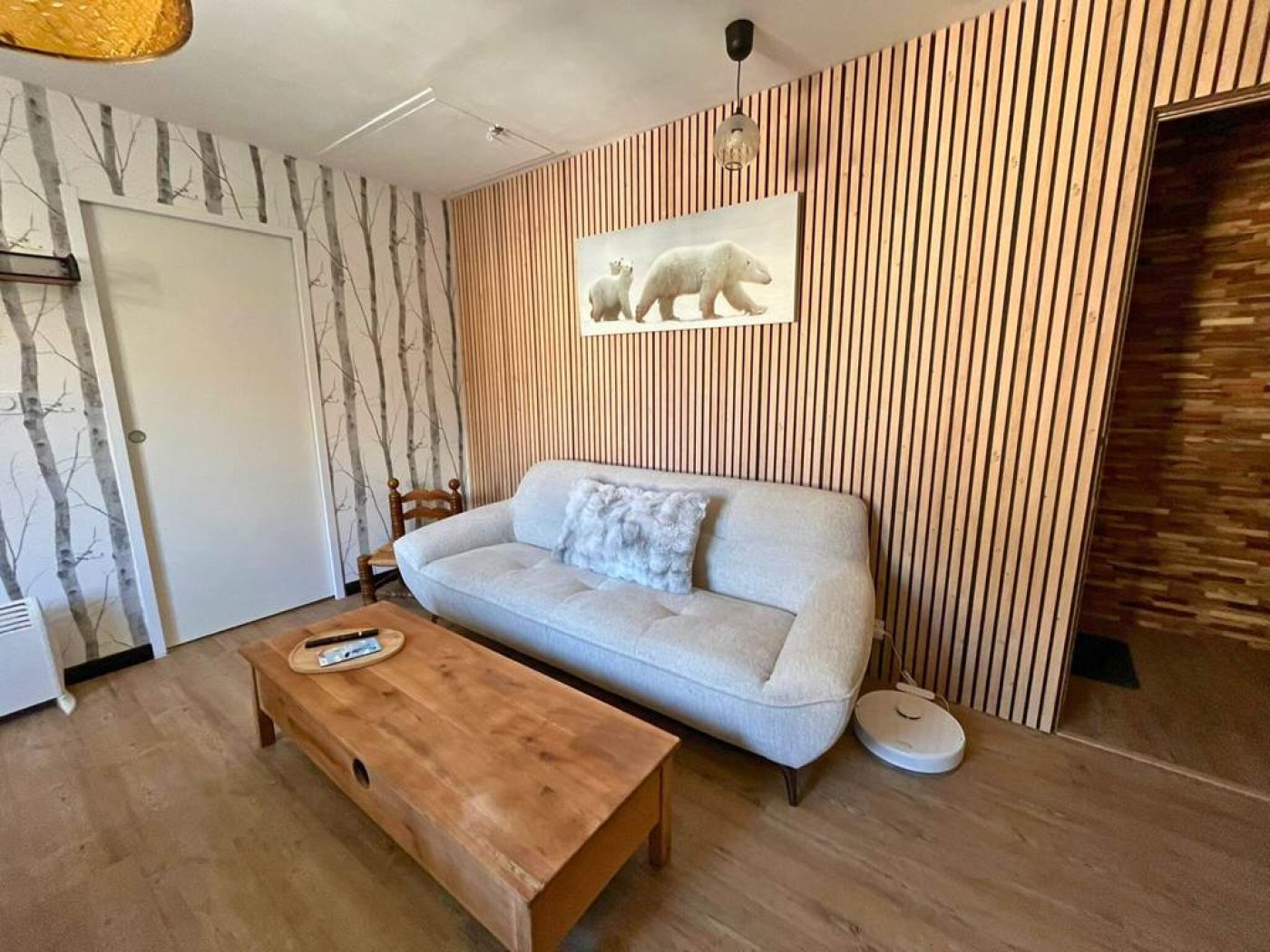 Vue du salon de l'appartement T3 avec canapé, coin repas en bois et décoration contemporaine.