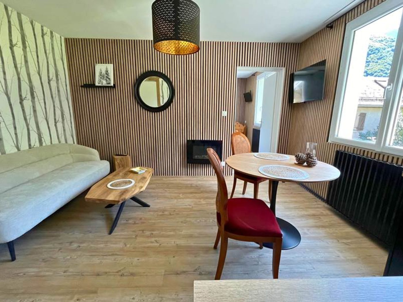 Salon de l'appartement T2 avec canapé gris, télévision écran plat et décoration boisée.